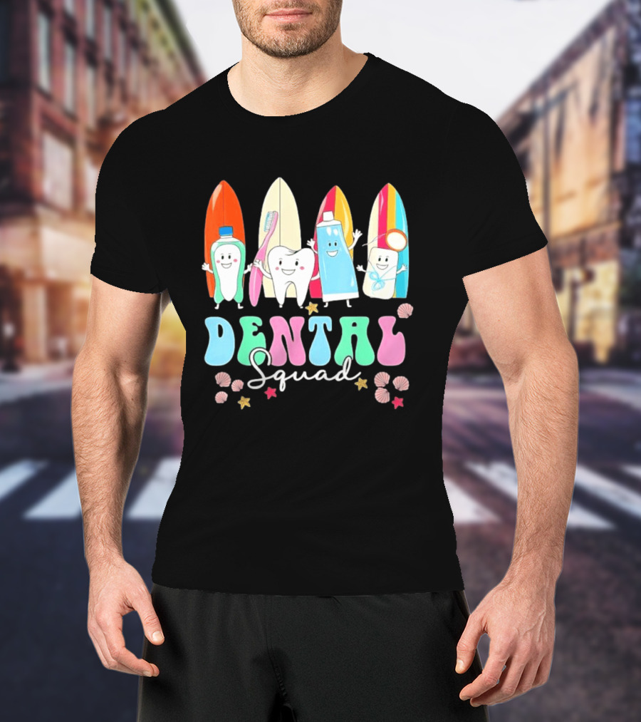Dental Squad Toothpaste Toothbrush Floss Surfboards Fun Playful T-Shirt
