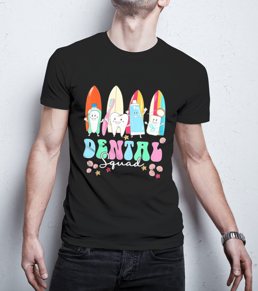 Dental Squad Toothpaste Toothbrush Floss Surfboards Fun Playful T-Shirt