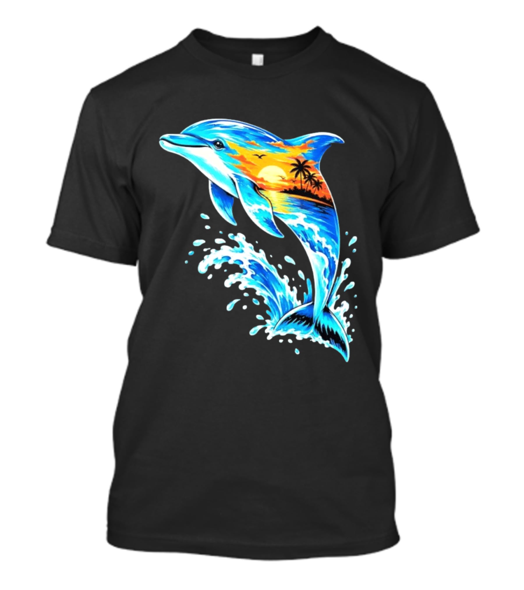 Tropical Sunset Dolphin Ocean Wave Marine Life Scene T-Shirt