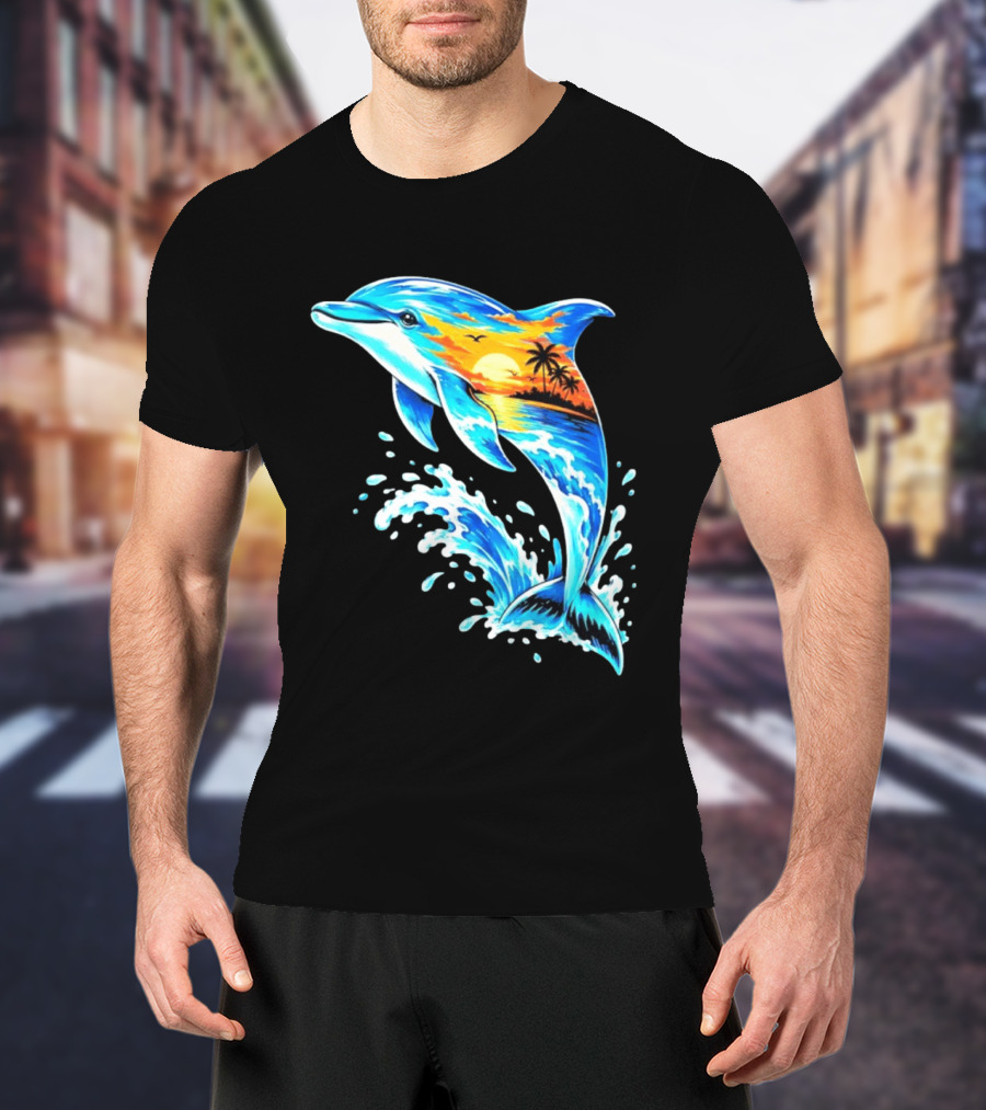 Tropical Sunset Dolphin Ocean Wave Marine Life Scene T-Shirt