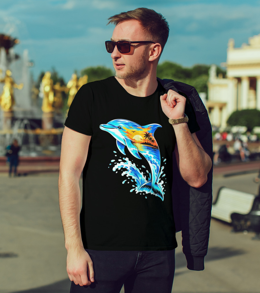 Tropical Sunset Dolphin Ocean Wave Marine Life Scene T-Shirt