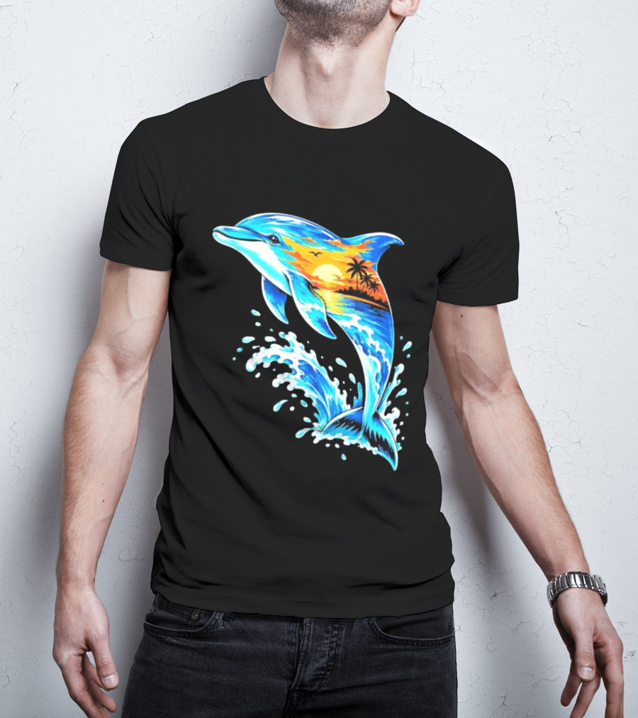 Tropical Sunset Dolphin Ocean Wave Marine Life Scene T-Shirt