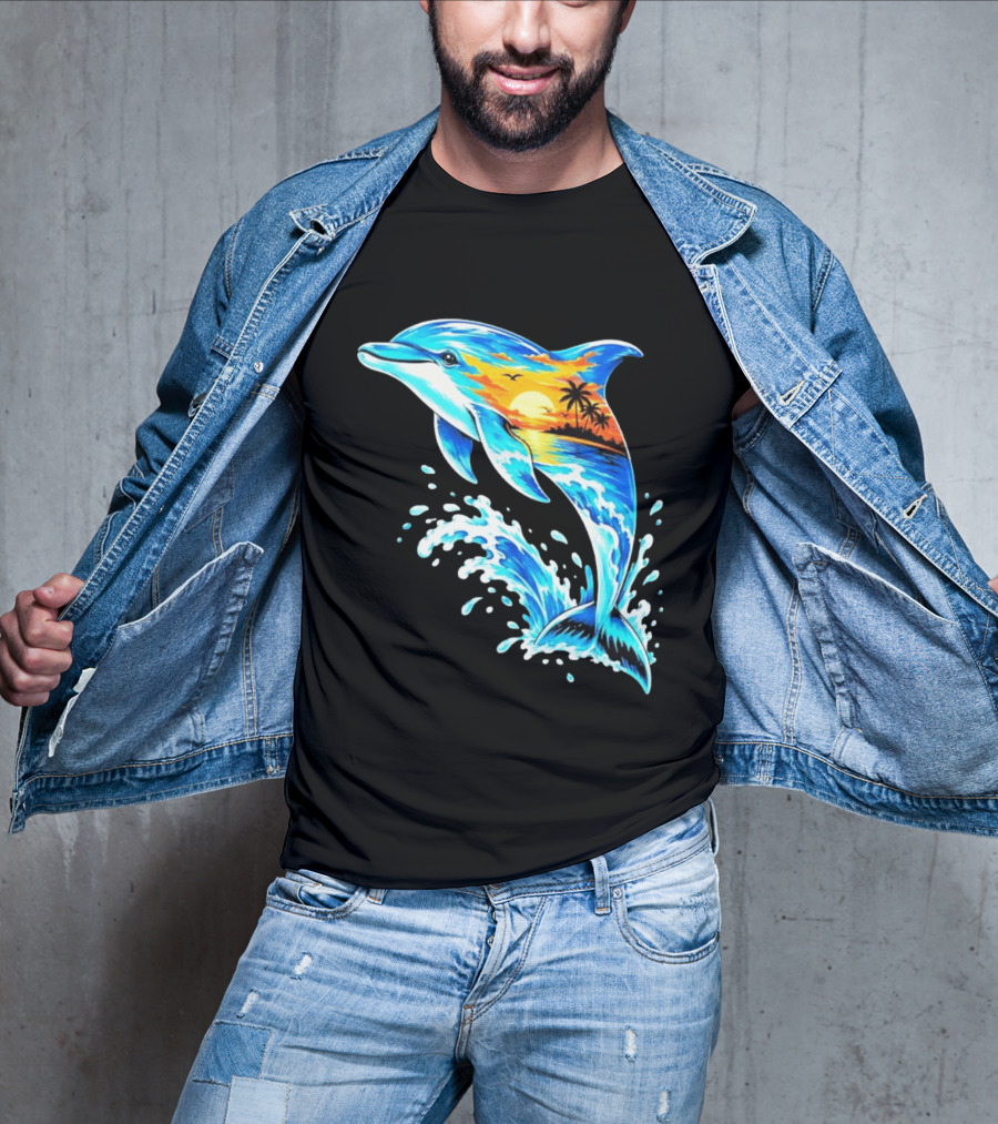 Tropical Sunset Dolphin Ocean Wave Marine Life Scene T-Shirt