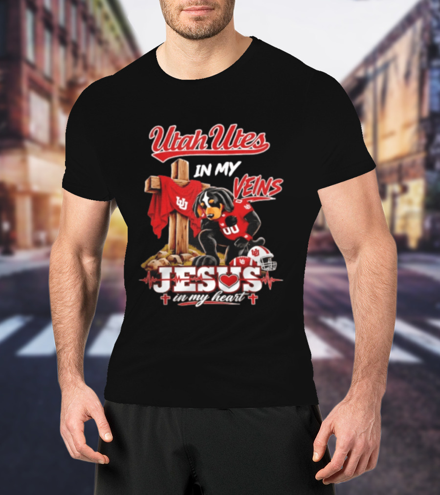 Utah Utes Faith Dog Jesus In My Heart Football Veins T-Shirt