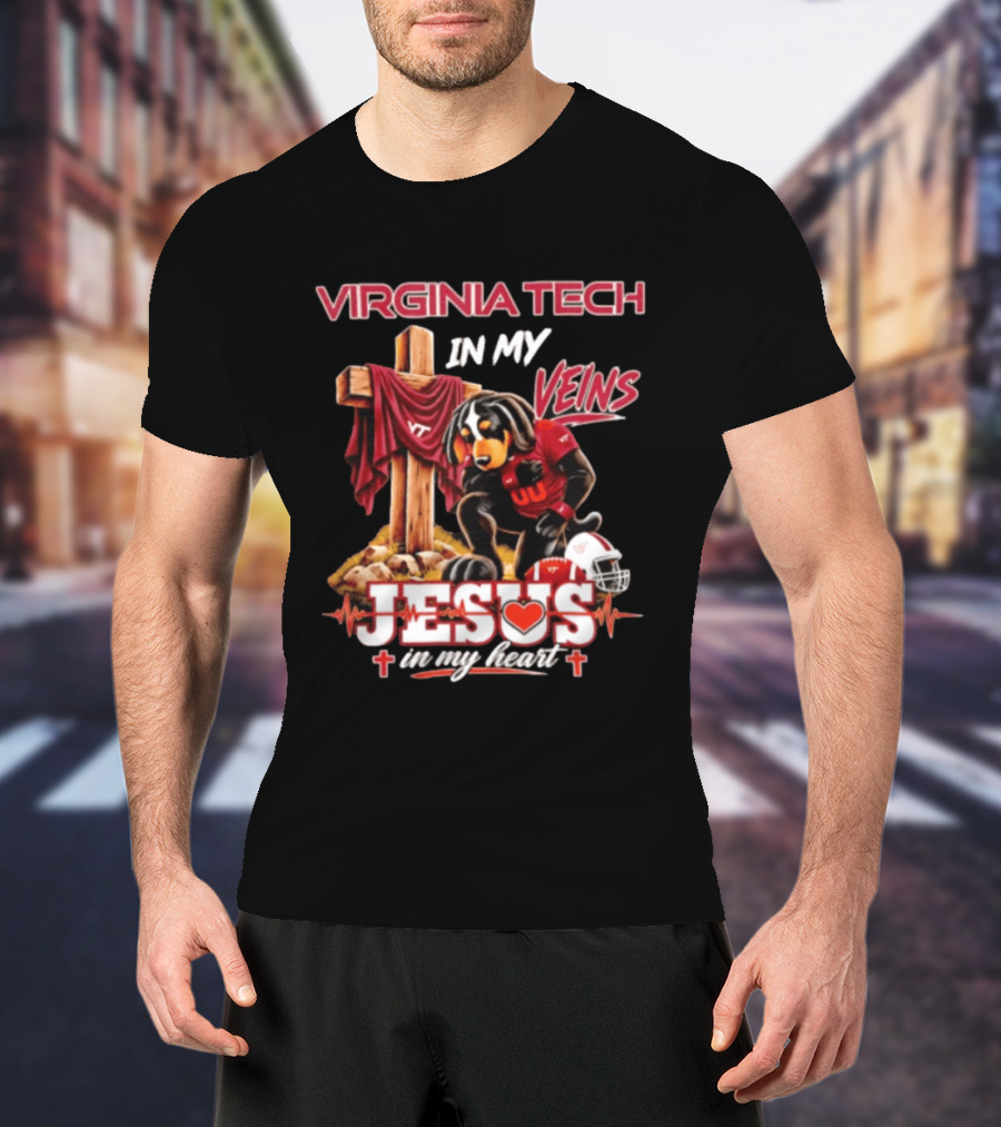 Virginia Tech Hokies Dog In My Veins Jesus In My Heart Football Faith T-Shirt