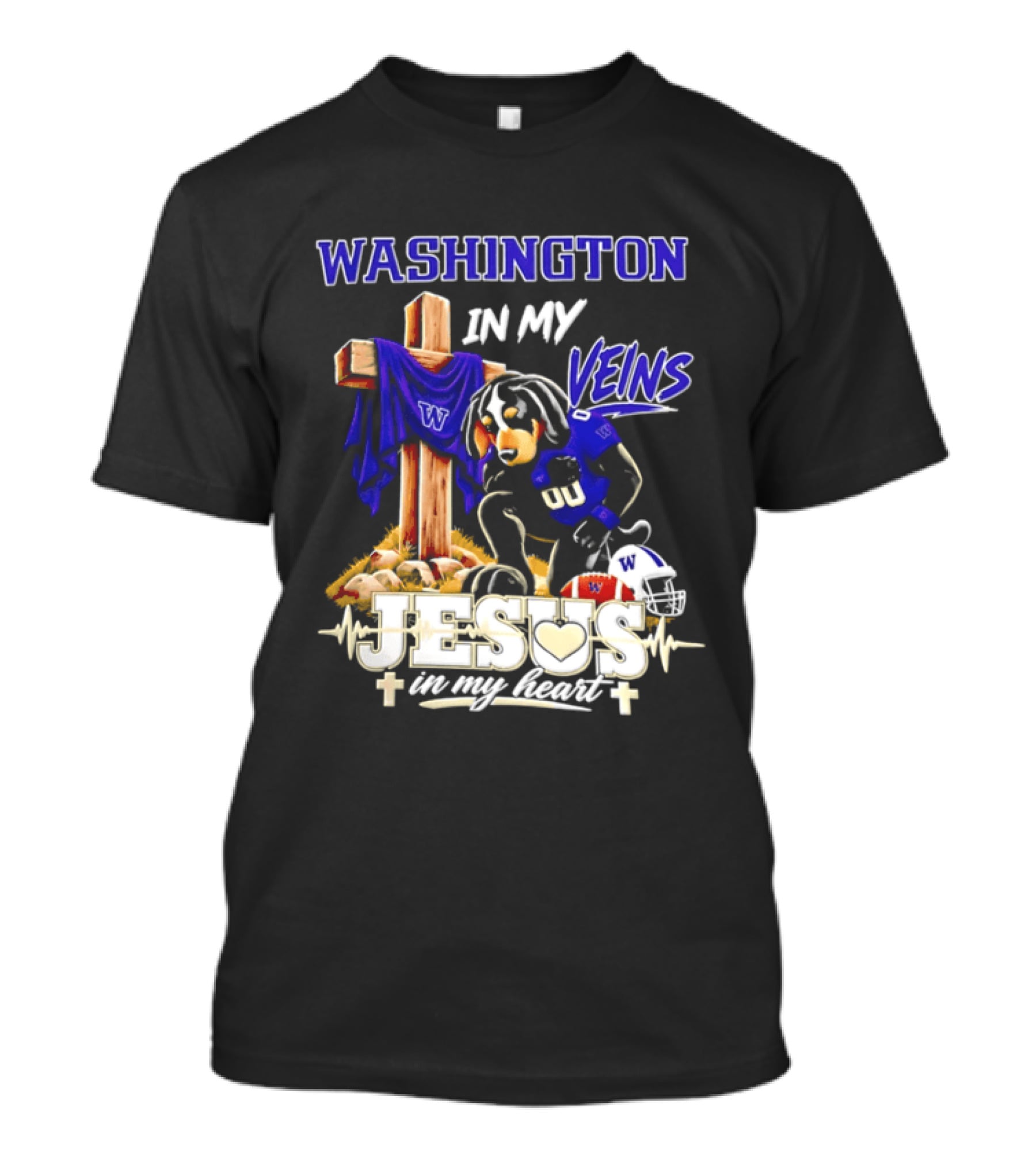 Washington Huskies Football Jesus In My Heart Dog In My Veins Faith T-Shirt