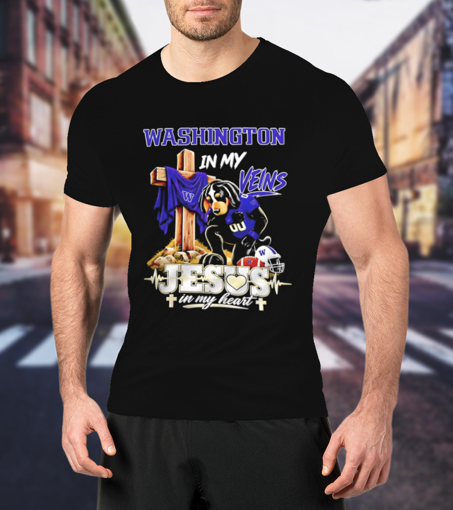 Washington Huskies Football Jesus In My Heart Dog In My Veins Faith T-Shirt