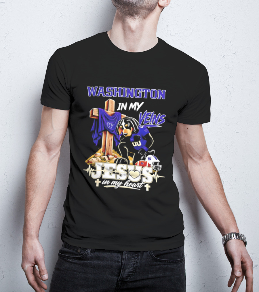 Washington Huskies Football Jesus In My Heart Dog In My Veins Faith T-Shirt
