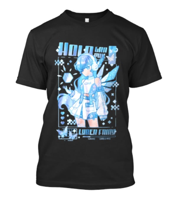 Holographic Cyber Fairy Game Loading Anime Girl Headphones Wings Butterflies Cube T-Shirt