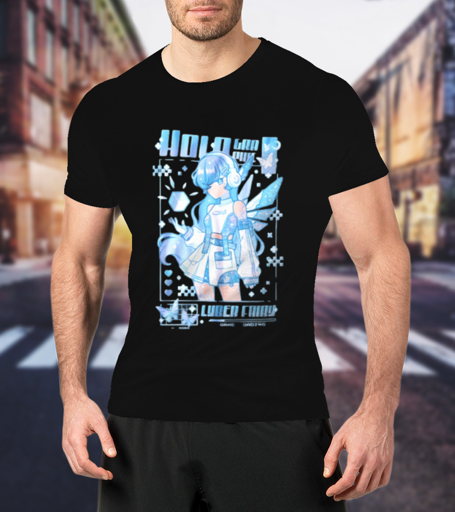 Holographic Cyber Fairy Game Loading Anime Girl Headphones Wings Butterflies Cube T-Shirt
