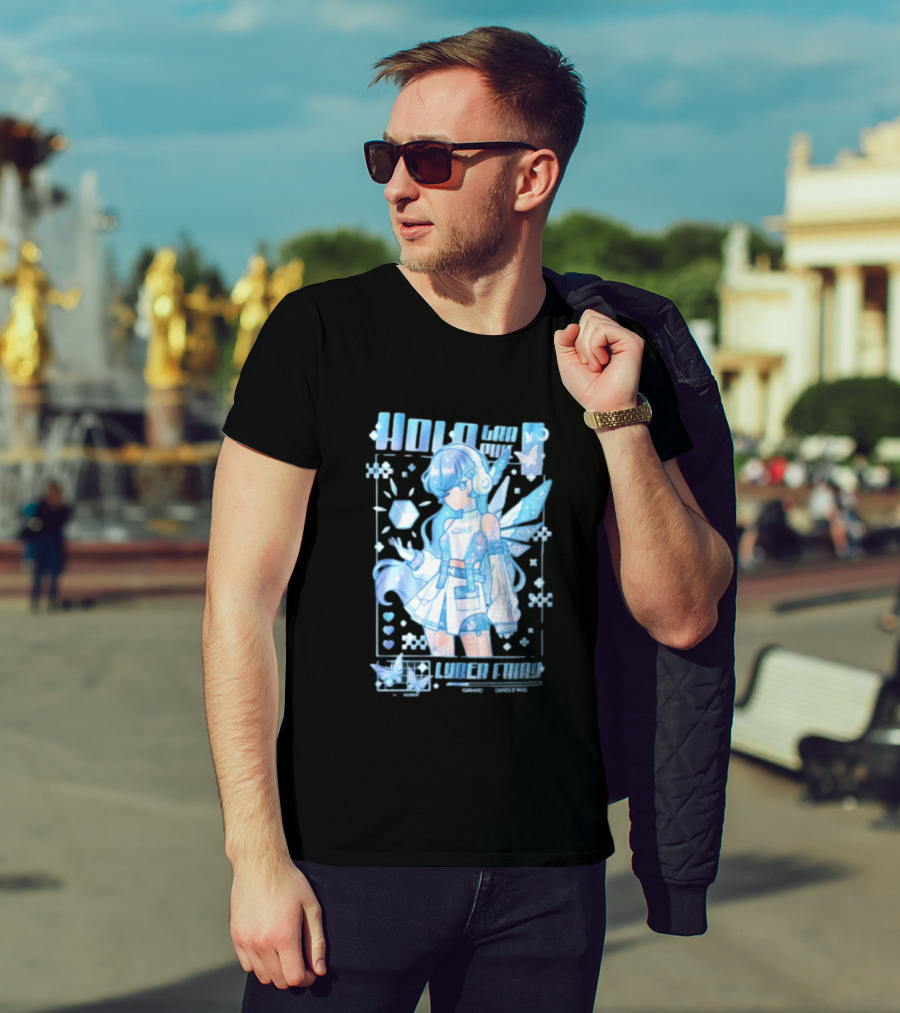 Holographic Cyber Fairy Game Loading Anime Girl Headphones Wings Butterflies Cube T-Shirt