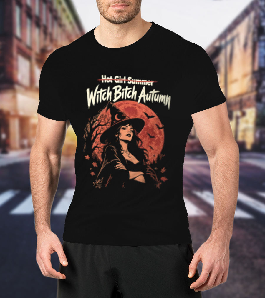 Witch Bitch Autumn Red Moon Bats Forest Woman T-Shirt