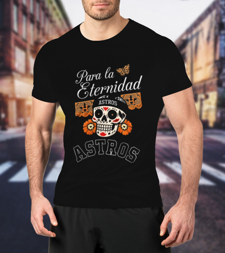 Para La Eternidad Astros Sugar Skull Bandana Flowers Butterfly T-Shirt