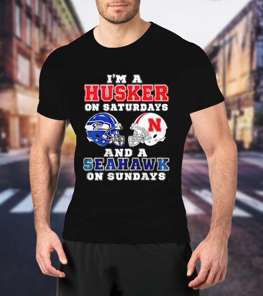 I'm A Husker On Saturdays And A Seahawk On Sundays Football Helmets T-Shirt