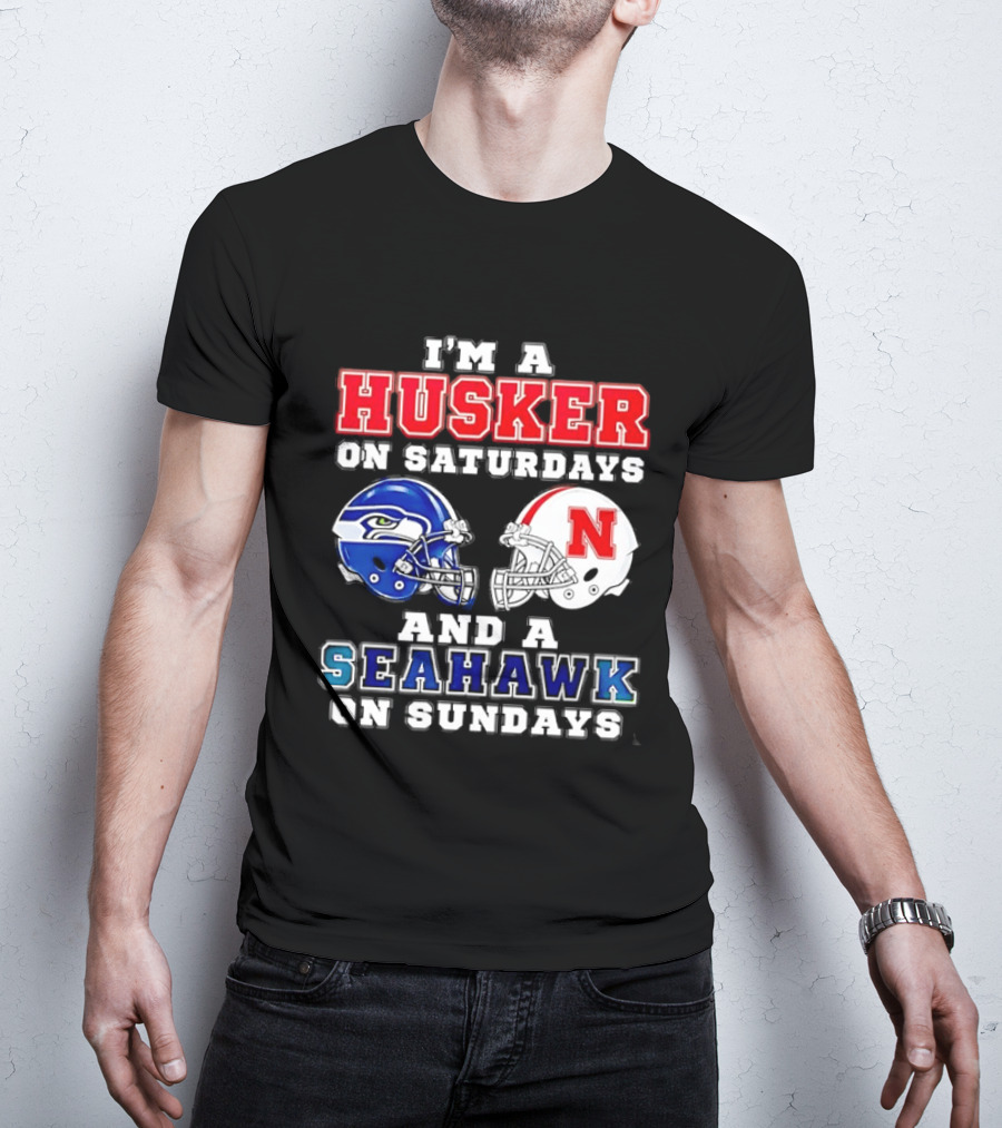 I'm A Husker On Saturdays And A Seahawk On Sundays Football Helmets T-Shirt