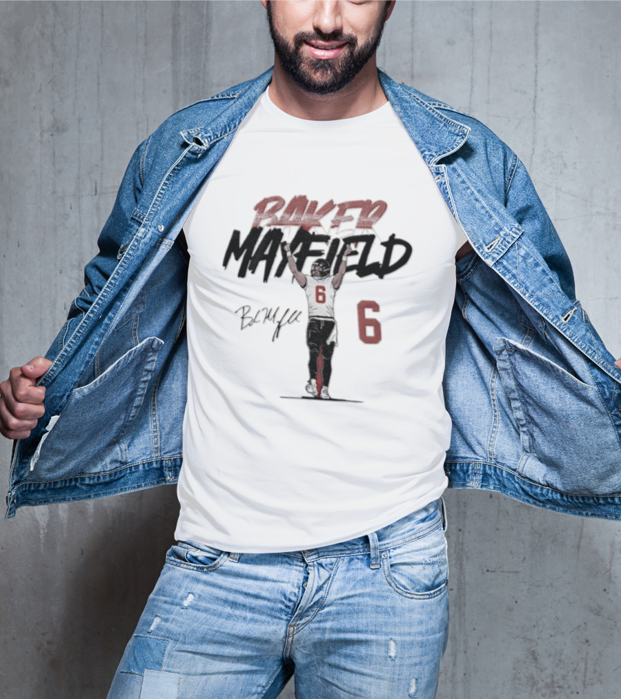 Baker Mayfield Buccaneers 6 Football Player Signature Arms Raised T-Shirt