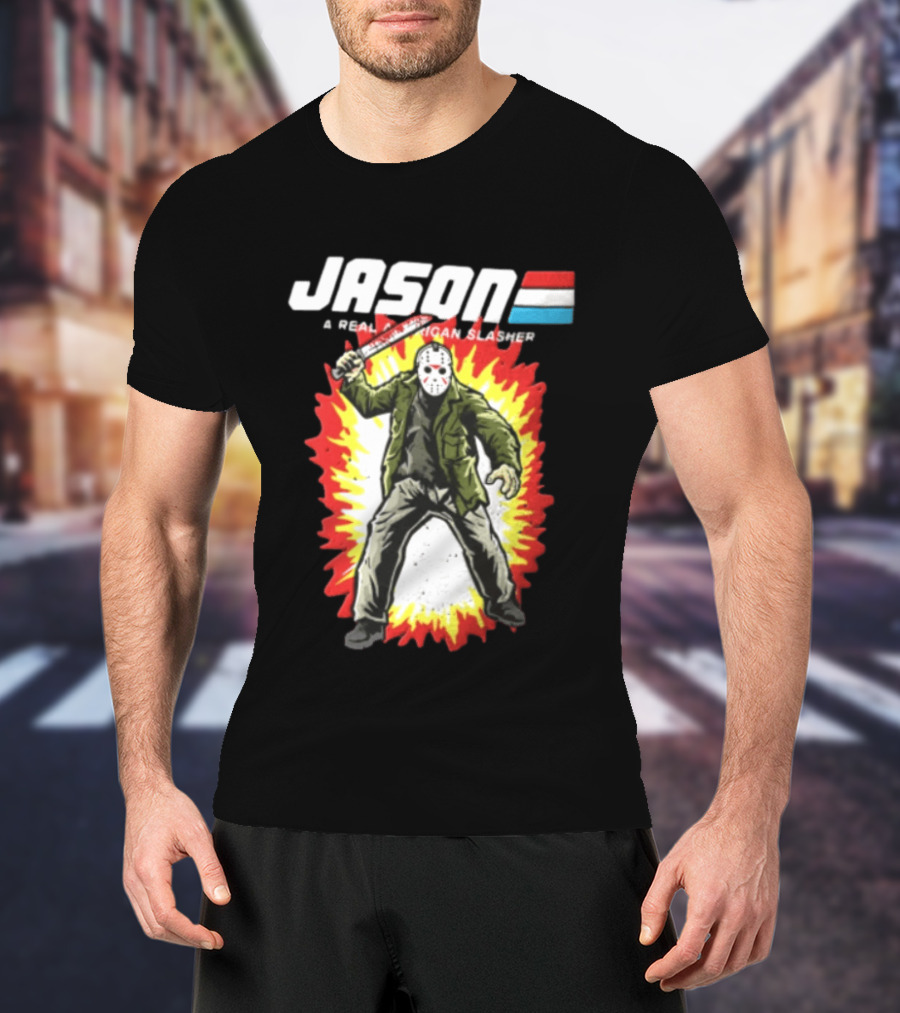 Jason A Real American Slasher Hockey Mask Machete Man Explosion T-Shirt