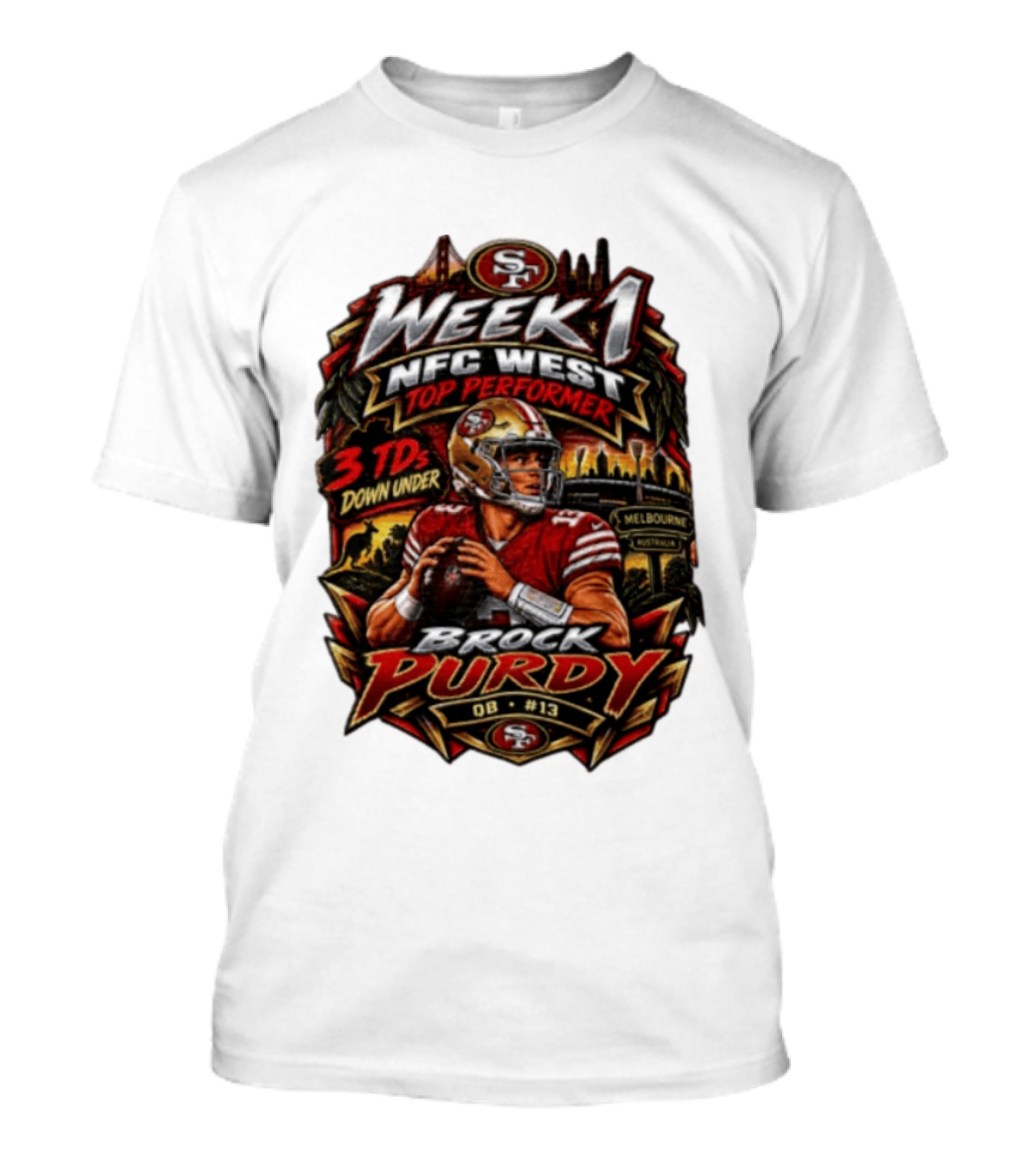 Brock Purdy San Francisco 49ers Week 1 NFC West Top Performer 3 TDs Down Under Melbourne QB #13 T-Shirt