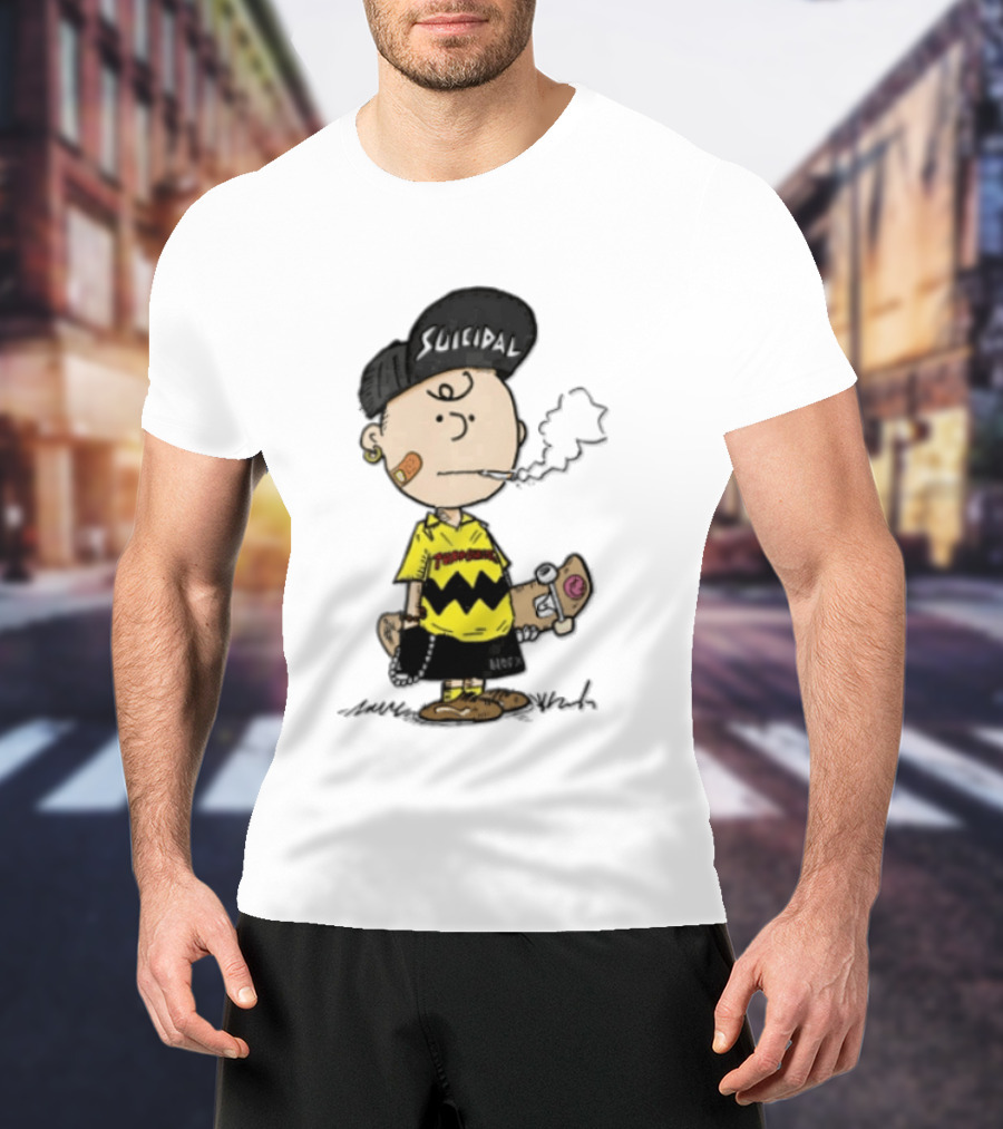 Charlie Brown Cartoon Boy Smoking Skateboard Punk Scumbag Thrasher T-Shirt