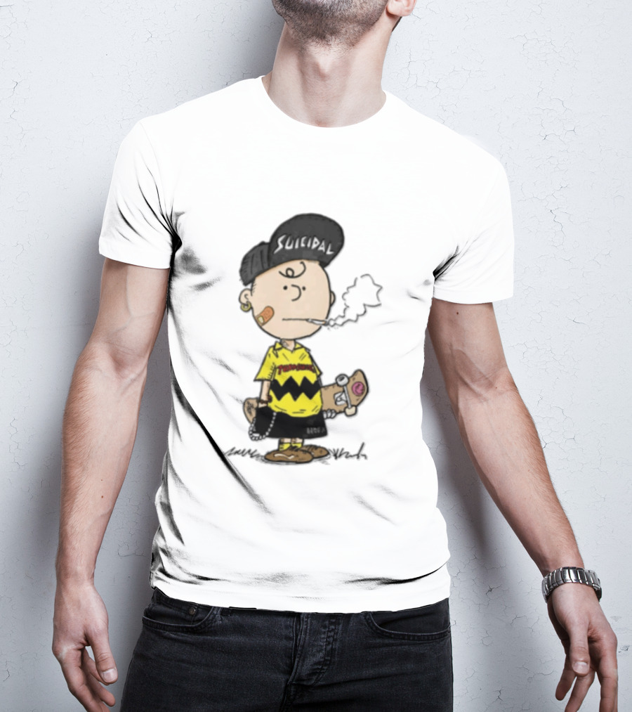 Charlie Brown Cartoon Boy Smoking Skateboard Punk Scumbag Thrasher T-Shirt