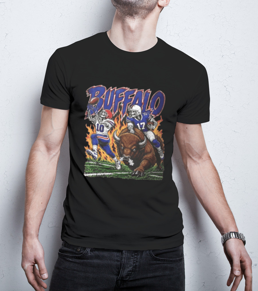 Buffalo Bills 17 Skeleton Players Football Charging Bison T-Shirt