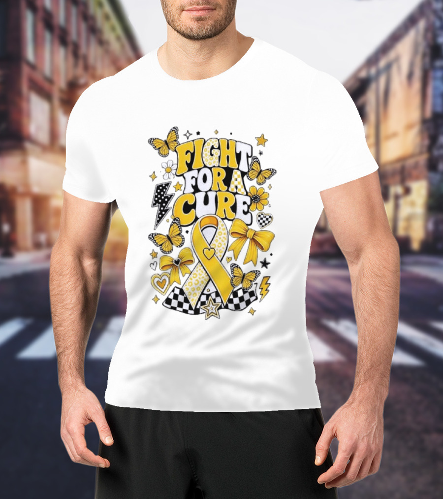 Fight For A Cure Yellow Ribbon Awareness Butterfly And Bow T-Shirt