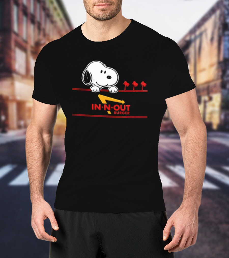 Snoopy Peeking Over In N Out Burger Red Lines With Palm Trees T-Shirt