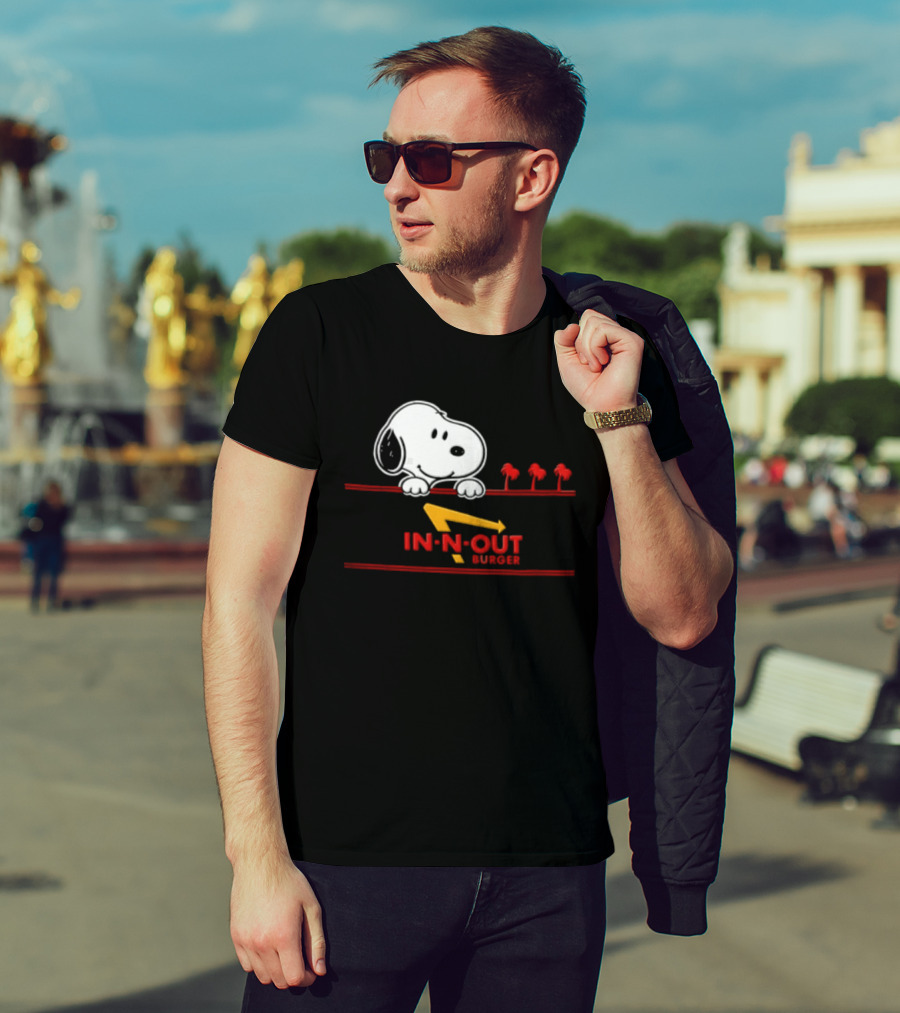 Snoopy Peeking Over In N Out Burger Red Lines With Palm Trees T-Shirt