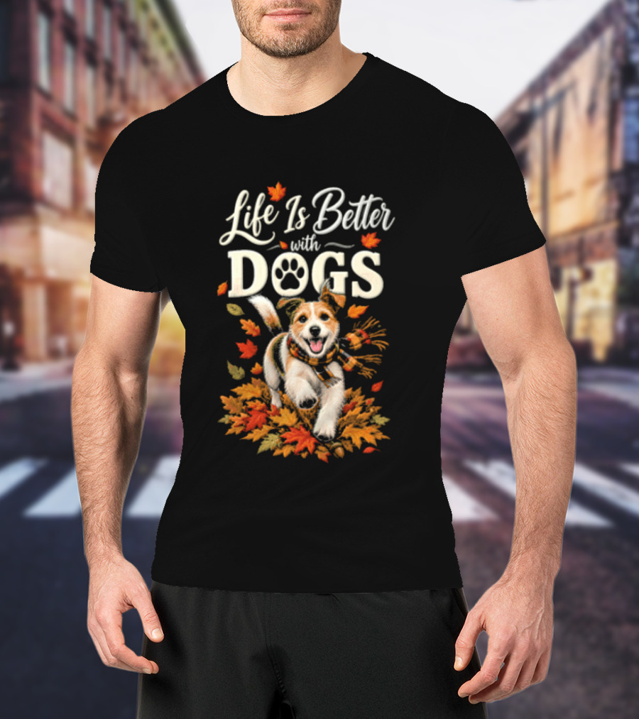 Life Is Better With Dogs Autumn Leaves Dog Paw T-Shirt