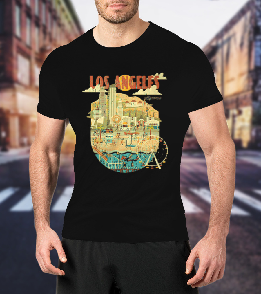 Los Angeles California Skyline Ferris Wheel And Beach Scene T-Shirt