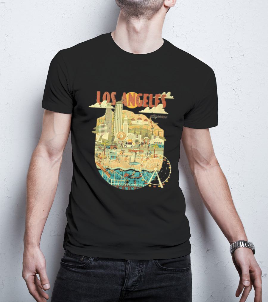 Los Angeles California Skyline Ferris Wheel And Beach Scene T-Shirt