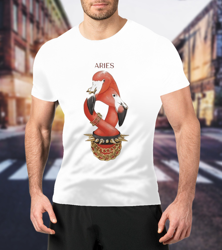 Aries Flamingo Punk Rock Zodiac Sign Astrology Bracelet Spikes T-Shirt