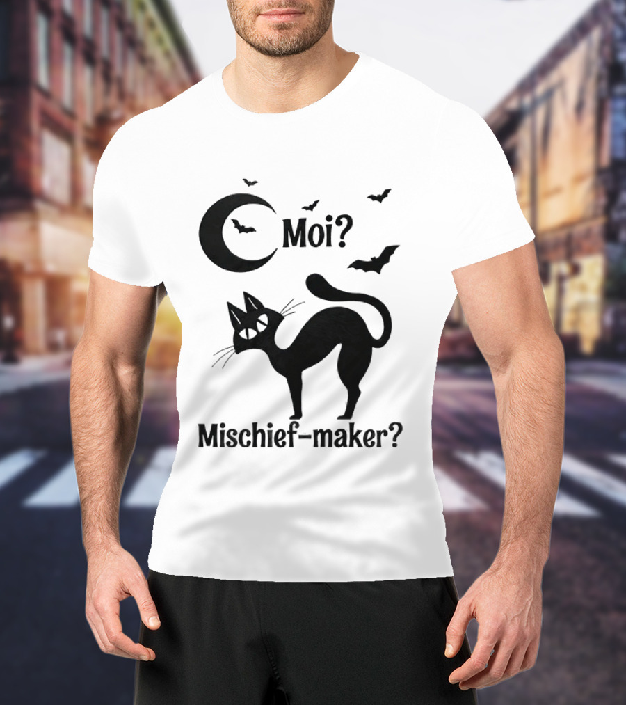 Moi Mischief Maker Black Cat Halloween Moon Bats T-Shirt