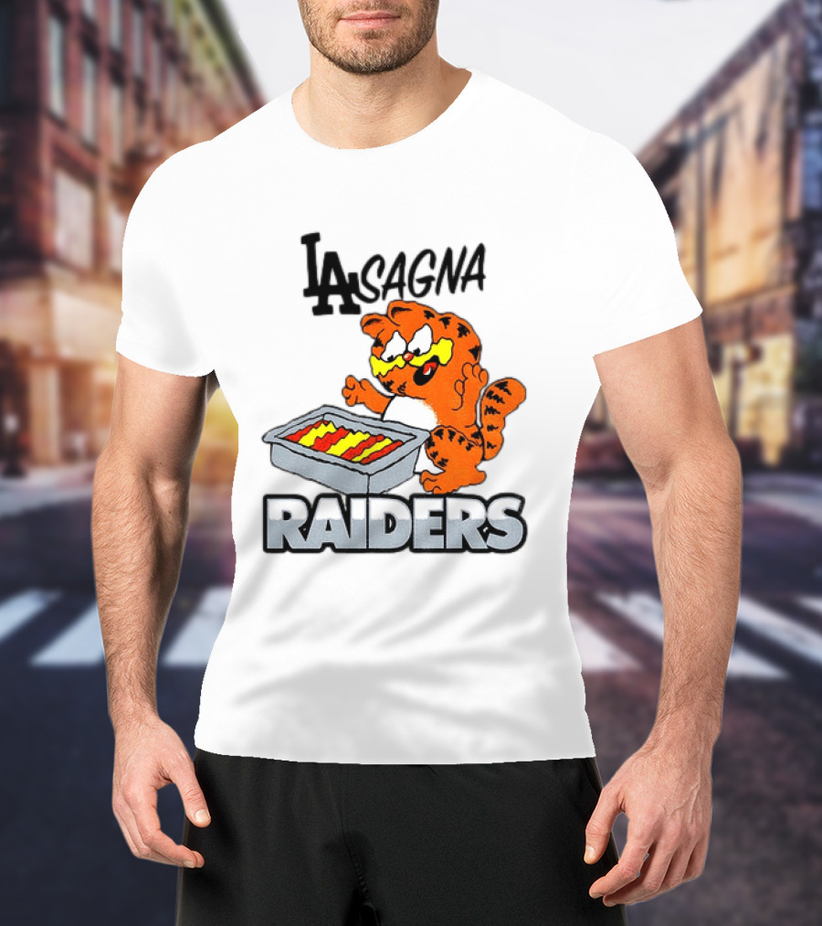 LA Lasagna Raiders Orange Cat Eating Lasagna Sports Rivalry T-Shirt