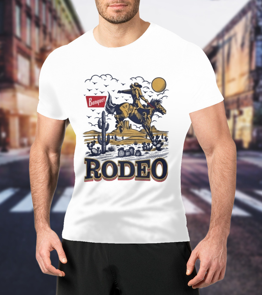 Western Rodeo Cowboy Desert Scene With Cactus And Mountains T-Shirt