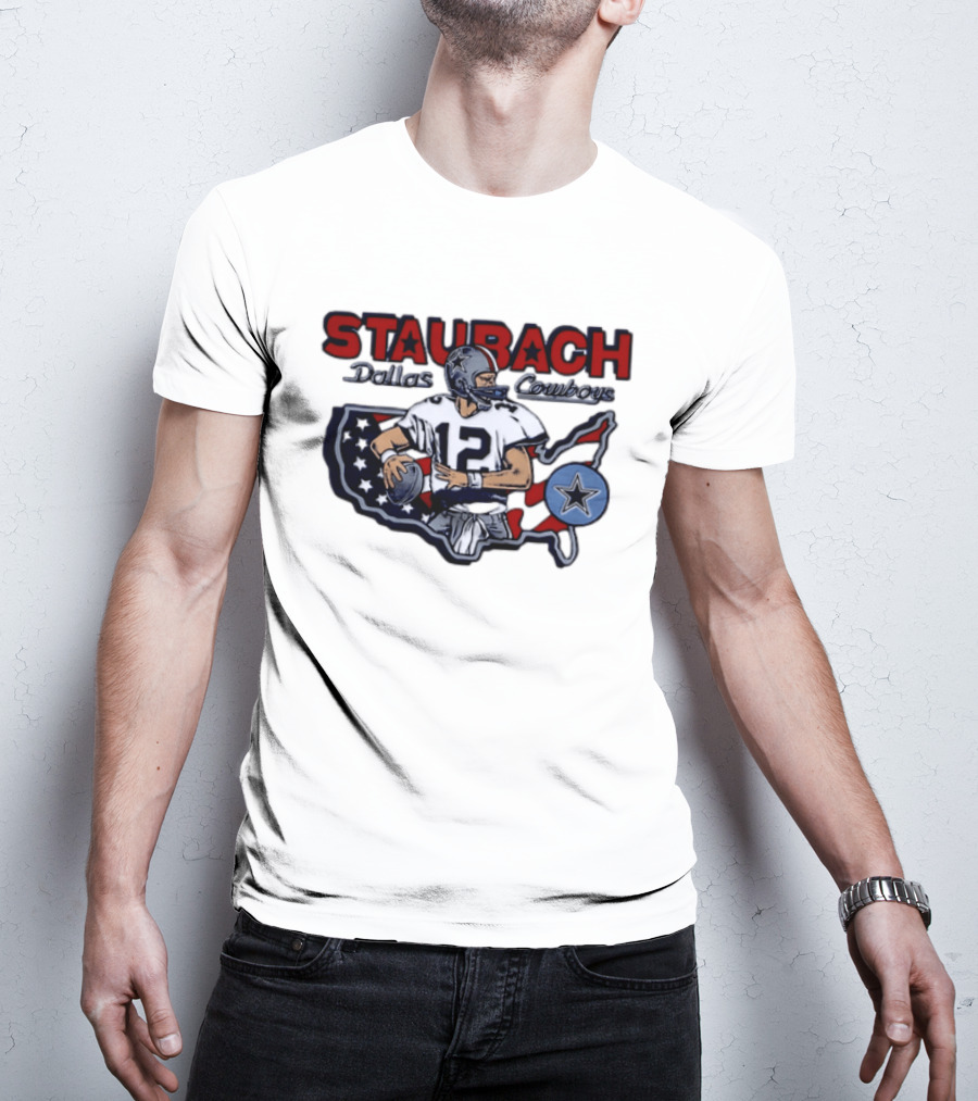 Staubach Dallas Cowboys 12 USA Star Football Legend T-Shirt