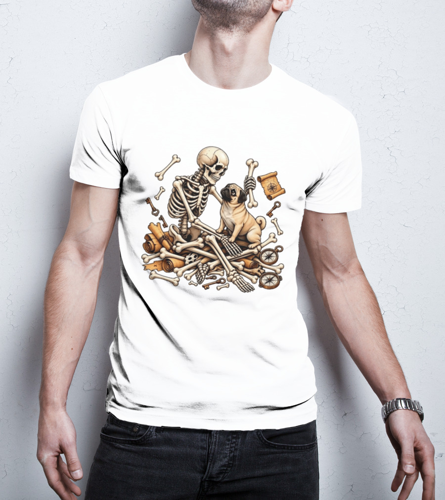 Skeleton Holding Bone With Pug Surrounded By Compass Keys And Treasure Maps T-Shirt