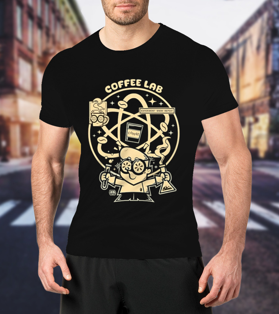 Coffee Lab Experiment Brew Repeat Dexter Scientist Atomic Coffee Cartoons T-Shirt