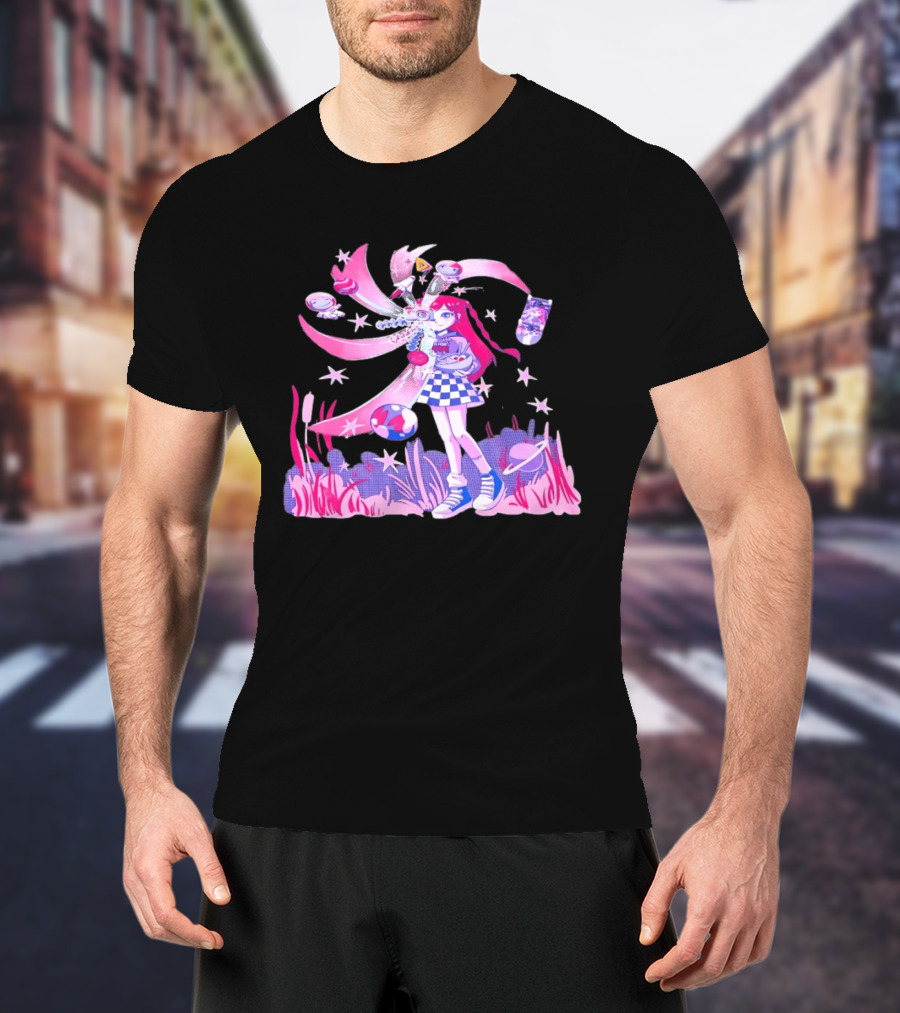Anime Girl Space Ramen Checkered Skirt Pink Cosmic Stars T-Shirt