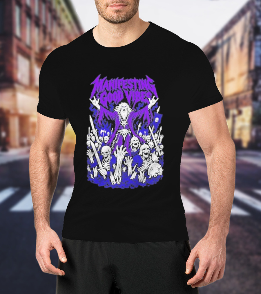 Manifesting Good Vibes Necromancer Skeleton Wizard T-Shirt