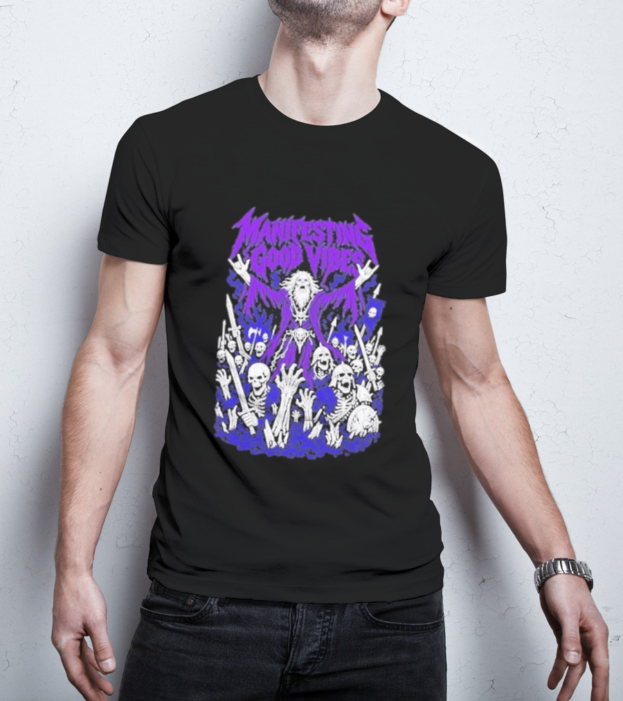 Manifesting Good Vibes Necromancer Skeleton Wizard T-Shirt