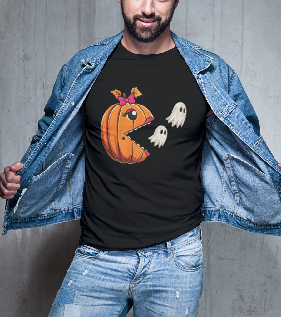 Ms Pac Man Pumpkin Shape Halloween Ghosts T-Shirt
