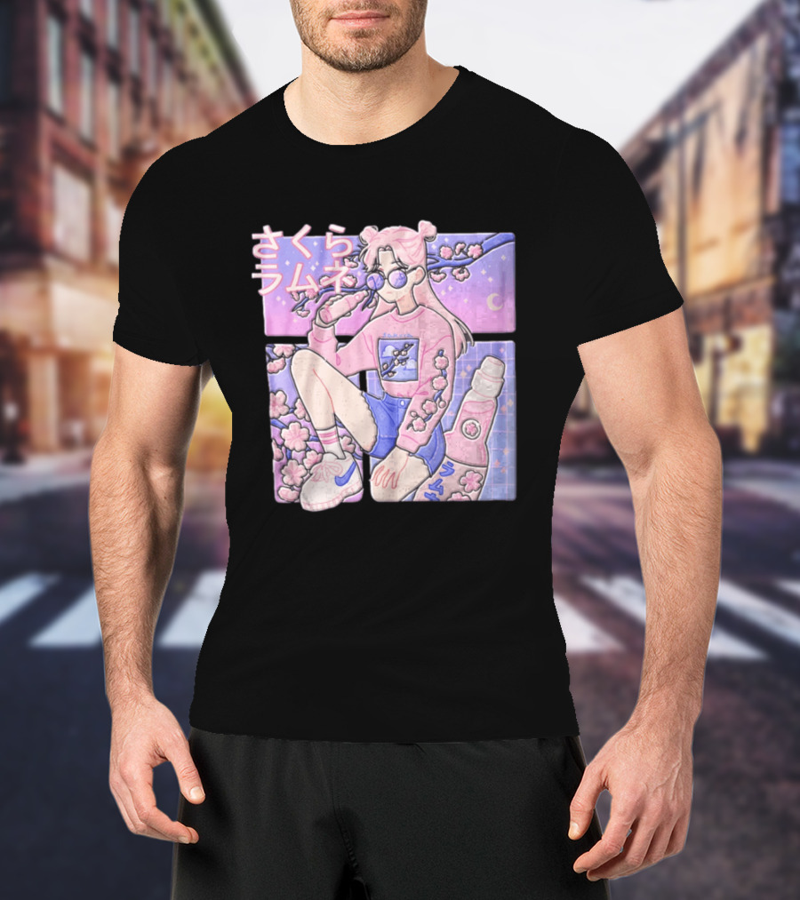Anime Girl Drinking Pink Soda Sakura Blossoms Pastel Aesthetic T-Shirt