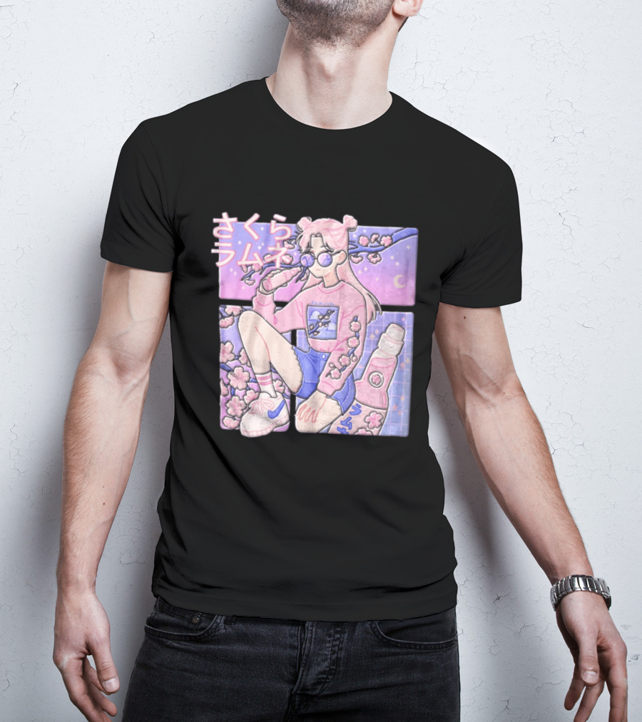 Anime Girl Drinking Pink Soda Sakura Blossoms Pastel Aesthetic T-Shirt