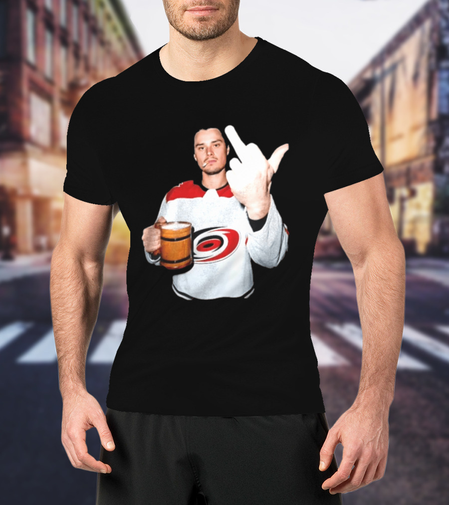 Sebastian Aho Carolina Hurricanes Wooden Beer Middle Finger Gesture T-Shirt