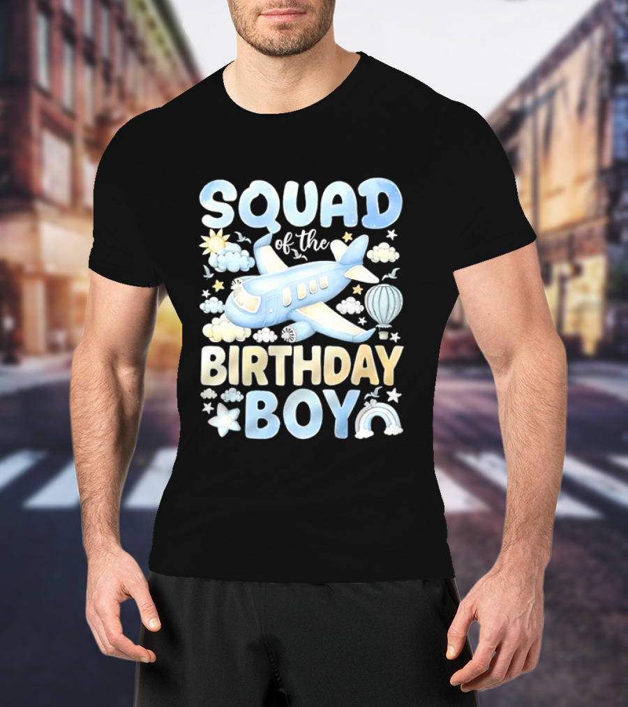 Squad Of The Birthday Boy Airplane Cloud Adventure With Stars And Balloons T-Shirt