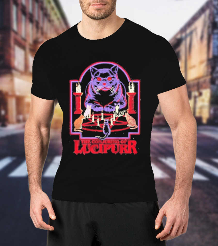 The Conjuring Of Lucipurr Cat Candle Pentagram Ritual T-Shirt