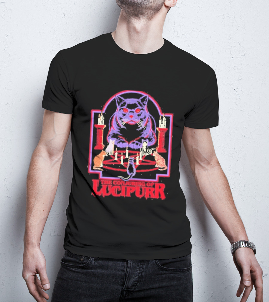 The Conjuring Of Lucipurr Cat Candle Pentagram Ritual T-Shirt