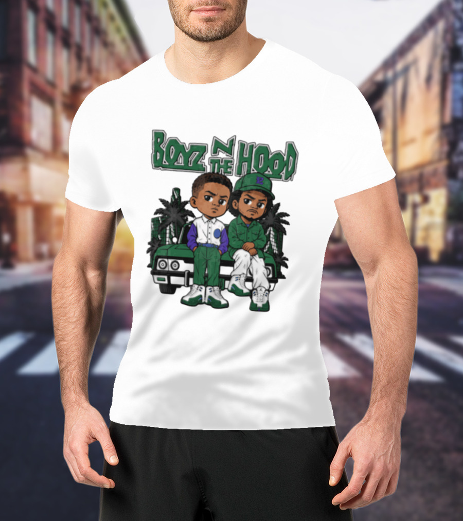 Boyz N The Hood Cartoon Boys Green Car Palm Trees T-Shirt