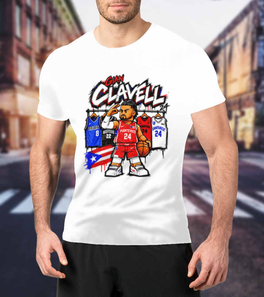 Gian Clavell Puerto Rico Basketball Cartoon With Jersey Collection And Flag T-Shirt